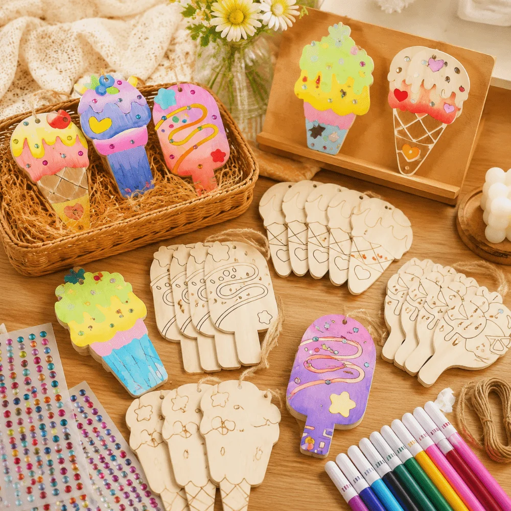 Hand Drawn Wooden Ice Cream Graffiti Kit Handmade Party Photo Props DIY Graffiti Set Hanging Decor Ice Cream Pendant Decorations