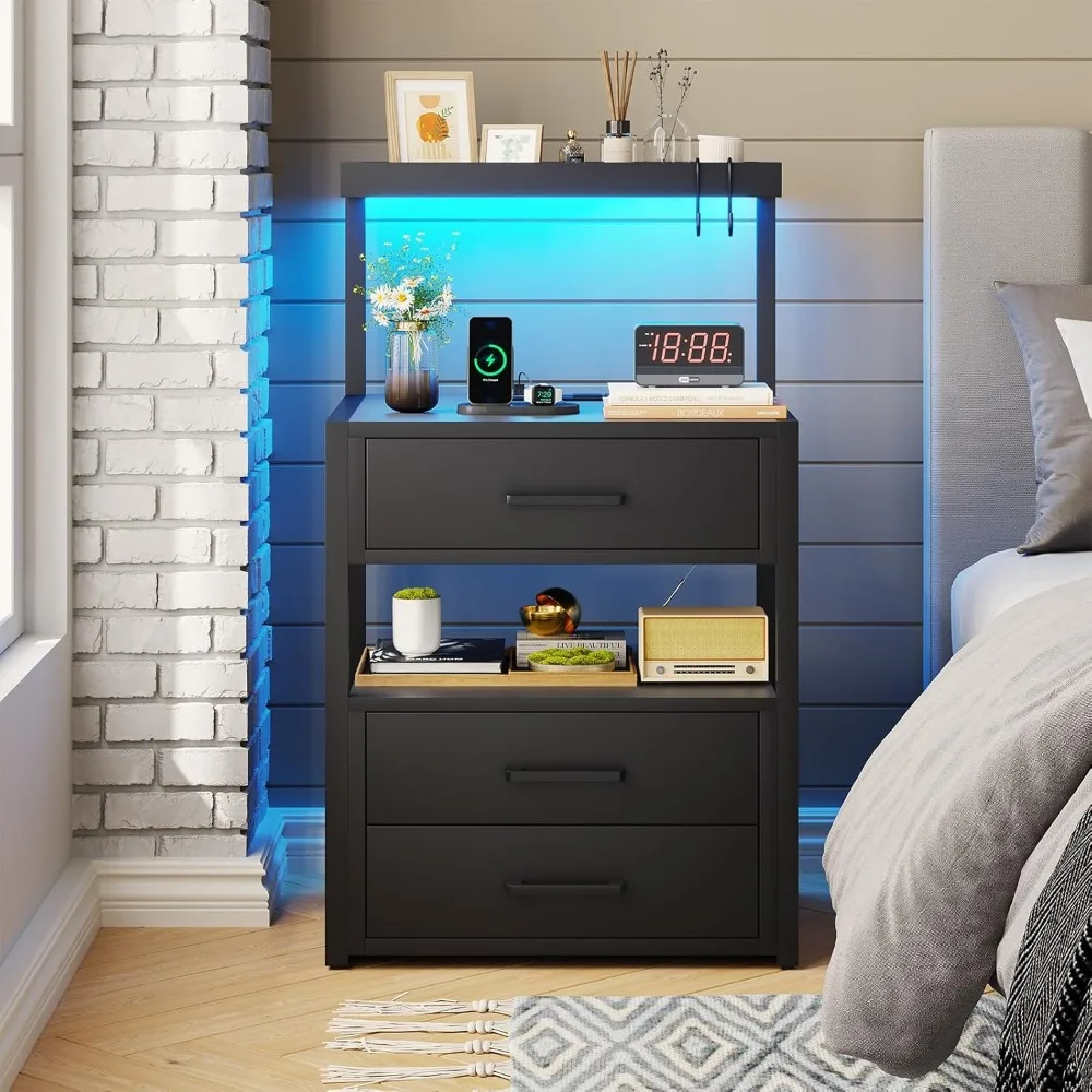 

Nightstand with Charging Station and LED Lights,Night Stand with USB Ports and AC Outlets,Modern End Table ,Customized