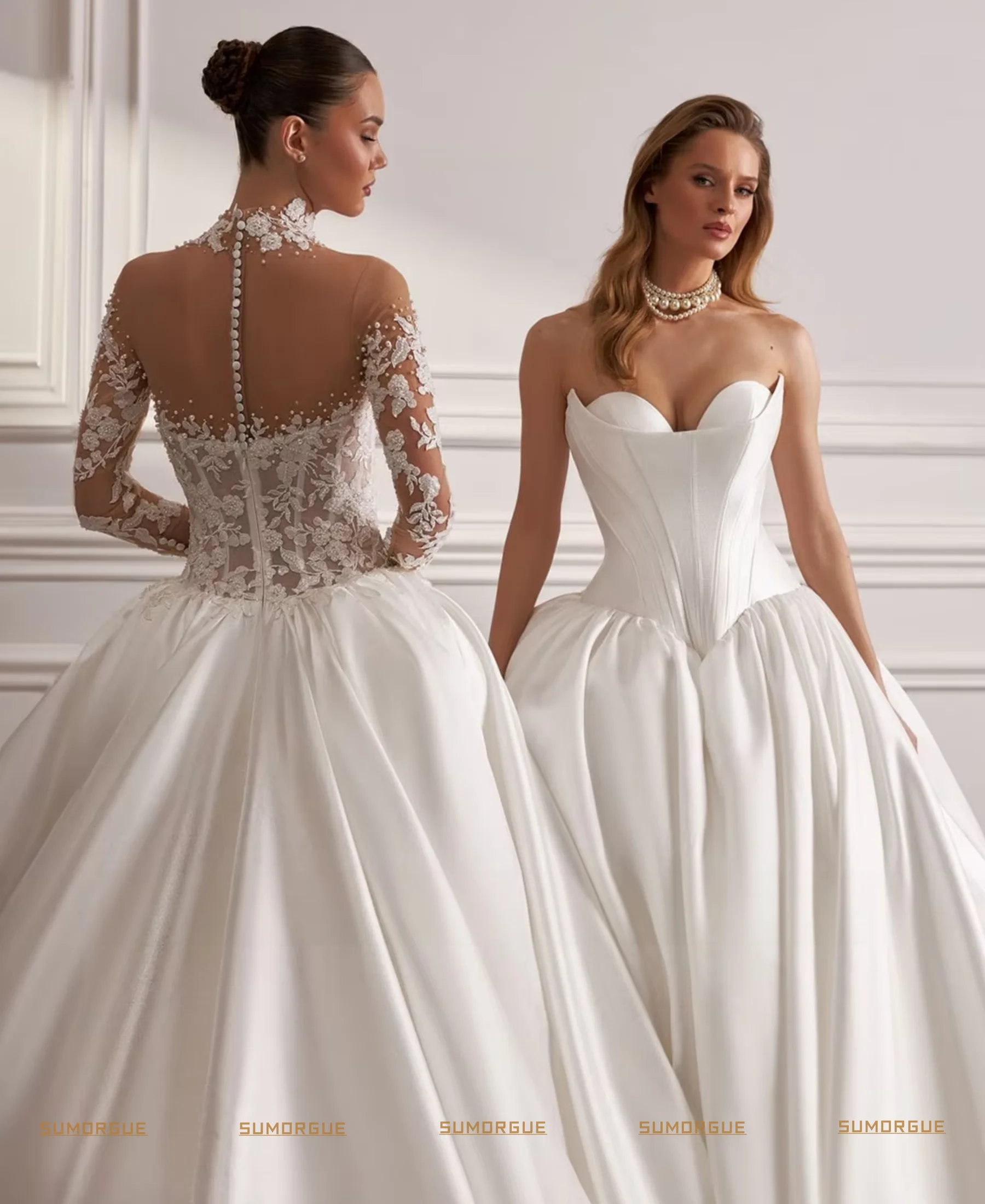Elegant Charming Vintage Satin Applique lace Wedding Dresses Lace Princesa Bridal High-end Customized Vestidos De Novia