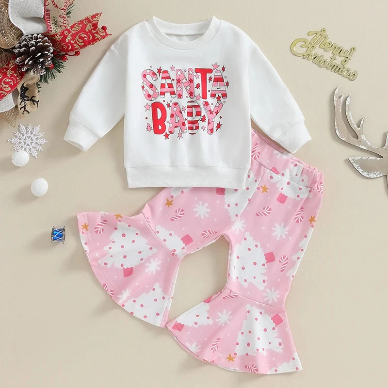 

Toddler Kids Girls Christmas Clothing Sets Letter Print O-neck Long Sleeve Sweatshirts+Flare Long Pants Xmas Holiday Outfits