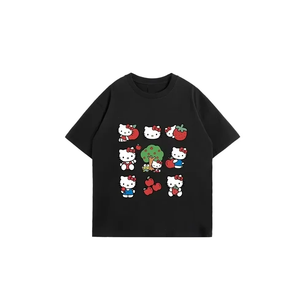 Hello Kitty Sanrio Divertente T-shirt in cotone stampato Estate Cartoon Graphic T-shirt da donna Girocollo Moda Abiti casual larghi