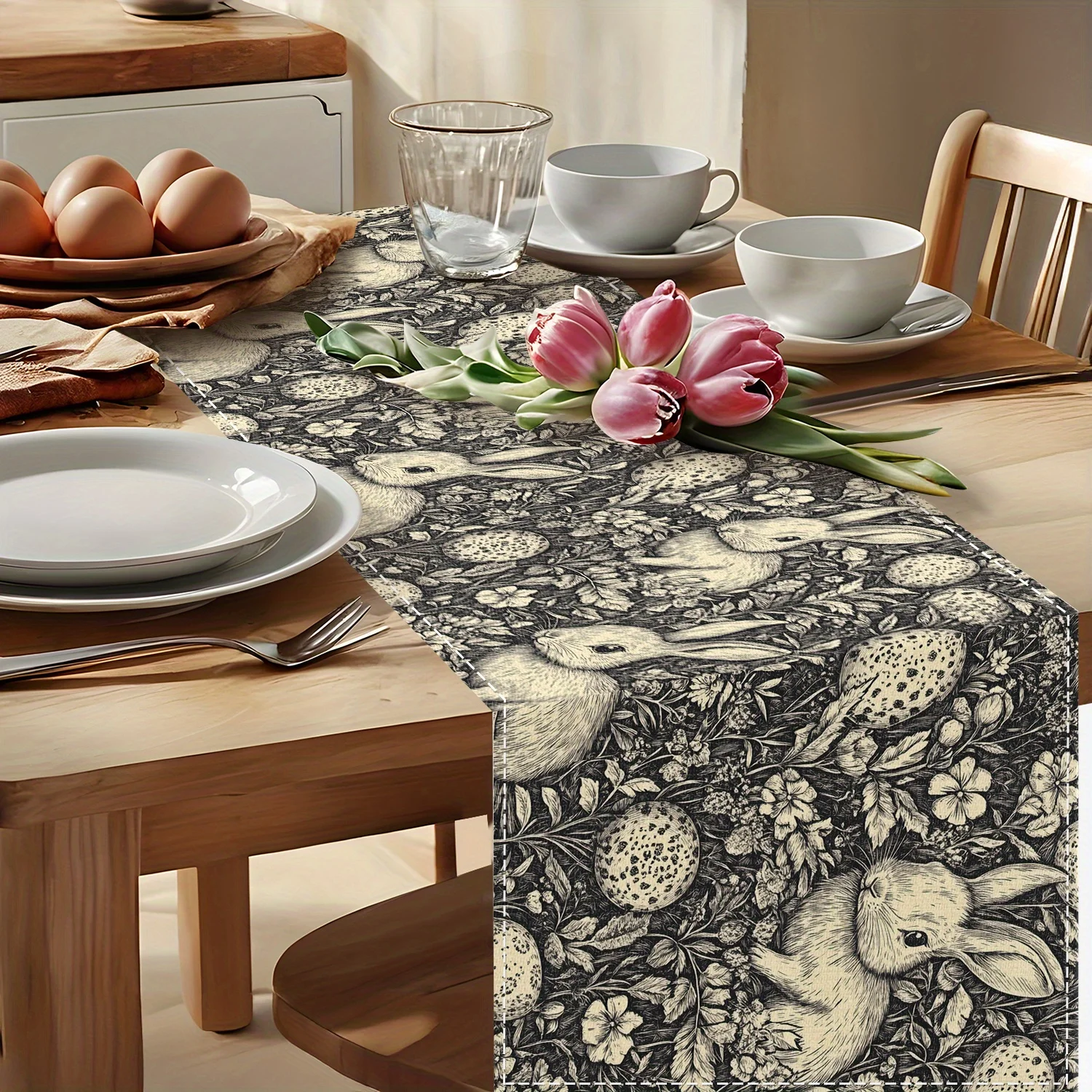 1 Easter Bunny Table Runner, Decorated with Bunny and Egg Patterns, Suitable for Children's Activities, Themed Cafes, Home Decoration, Cozy Tea Parties