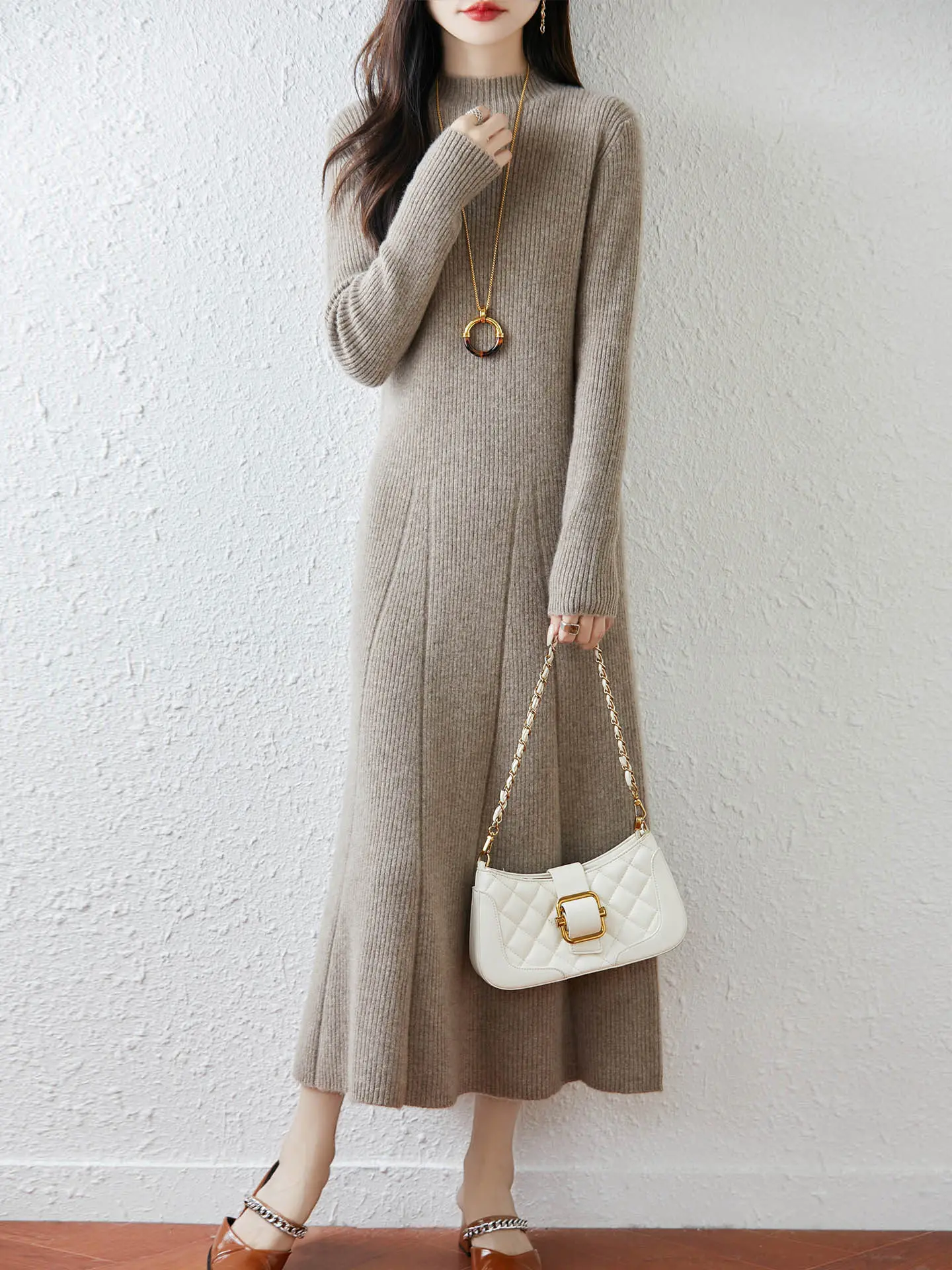 

Pure cashmere dress in autumn and winter women's semi-high neck striped bottoming long skirt high waist A-shaped knitted sweater