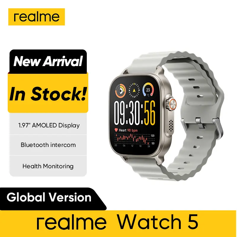 إصدار عالمي realme watch 5 شاشة 1.97 بوصة 600nits AMOLED بطارية 460mAh تدوم حتى 14 يومًا 300+ ثيم دعم GPS GNSS مقاوم للماء IP68