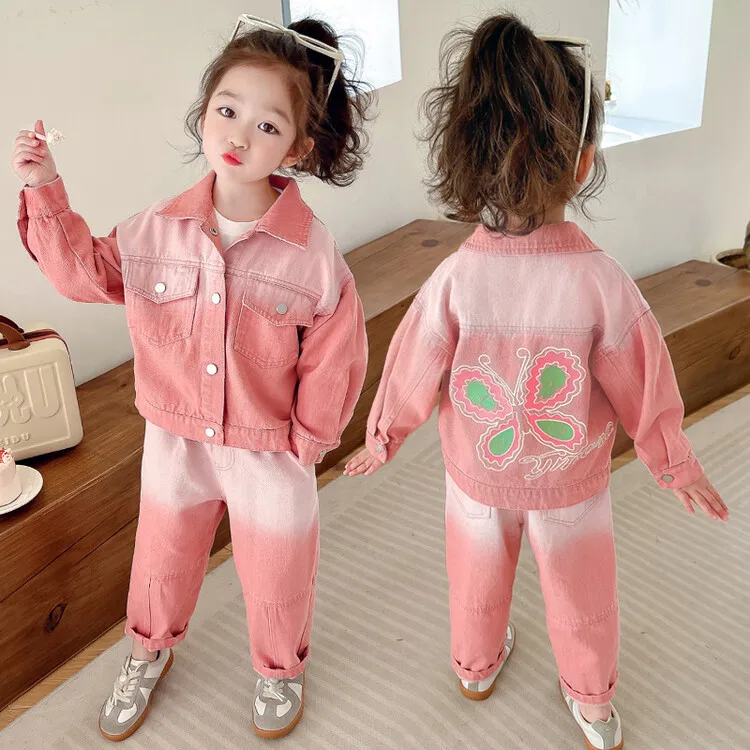 2025 traje vaquero de moda para niños, conjunto de 2 piezas para niñas, primavera Otoño, ropa para niños de mediados a grandes, conjunto de mariposa degradado