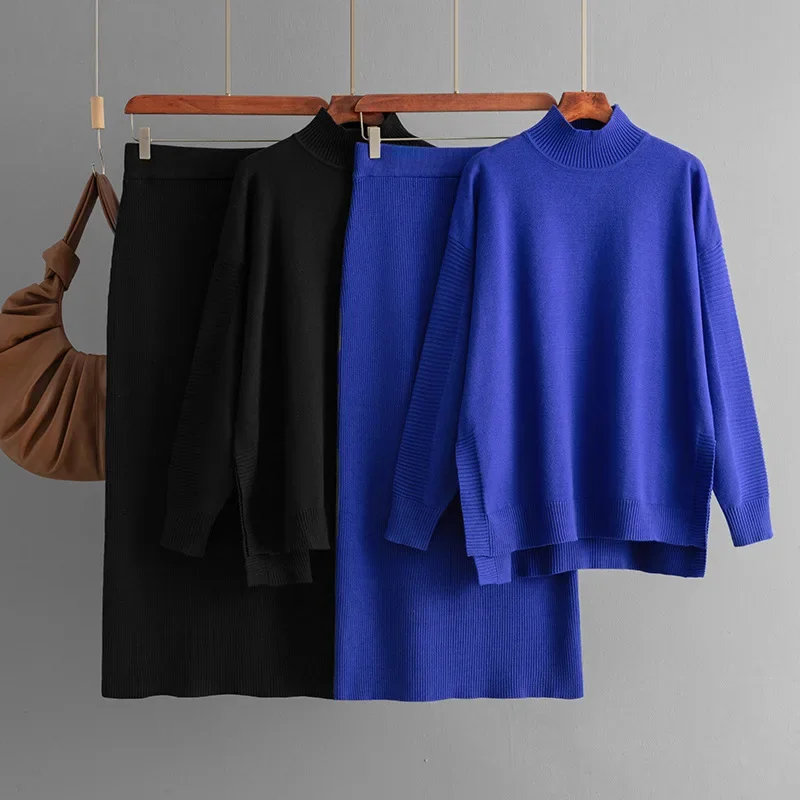 

Dress Sets Knit Wrap Buttocks Skirts Solid Turtleneck Jumpers Two Pieces Women Clothing Slim Fit Casual Slight Strech 2024