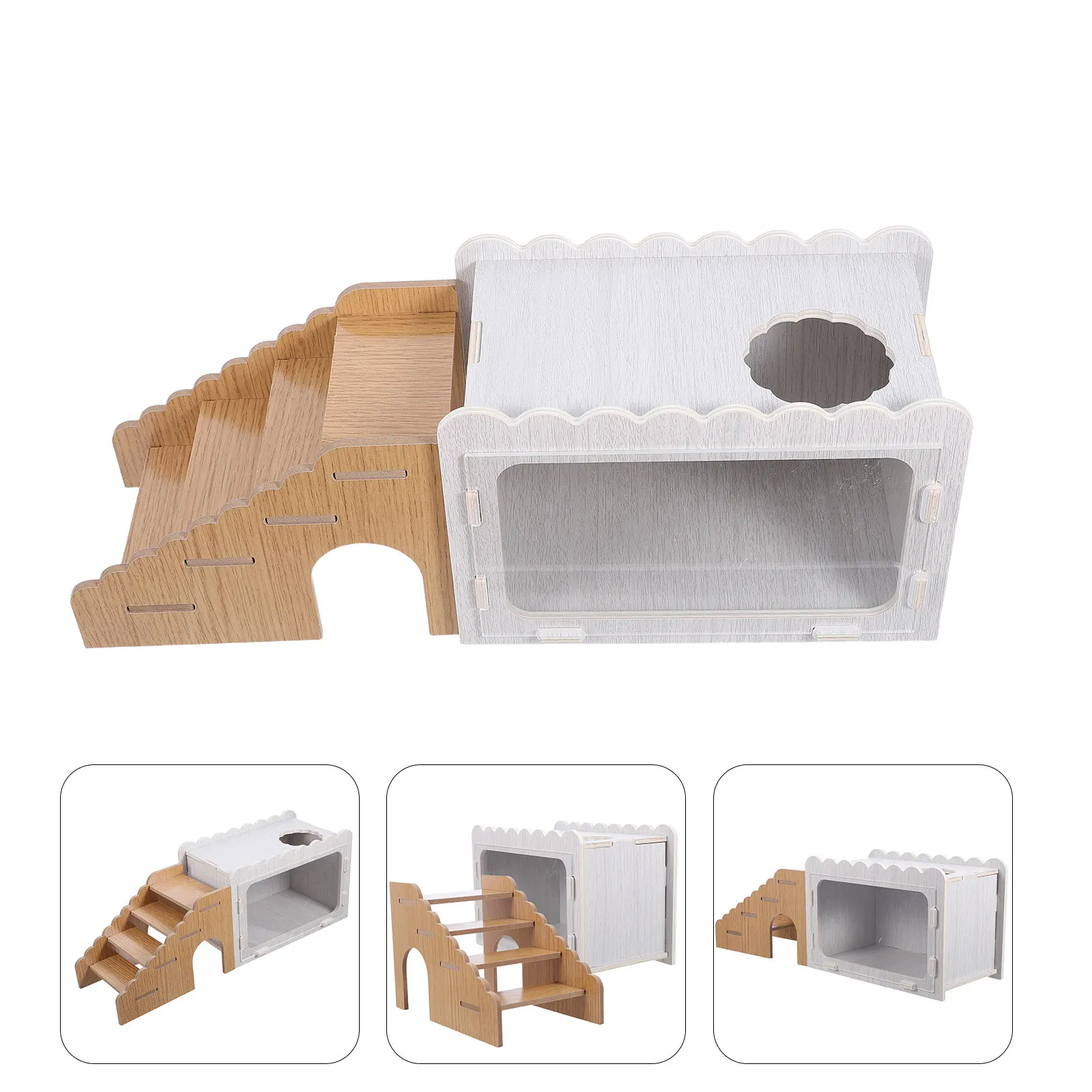 Hamster Hideout Climbing Ladder Double-Layer Wooden Hideout Cage Shelter Climbing Exploring Cage for Syrian Dwarf Gerbil