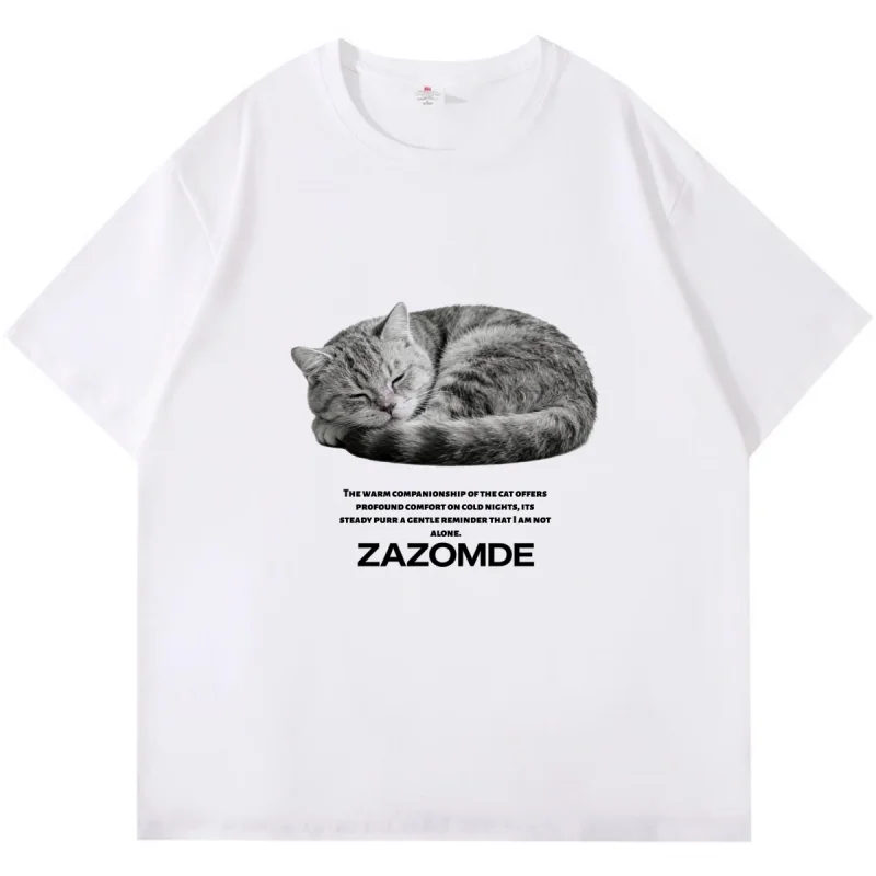 ZAZOMDE Unisex Couples Cotton Tee With Adorable Sleeping Cat Print Loose Fit Breathable Summer For Street Style 2026 New