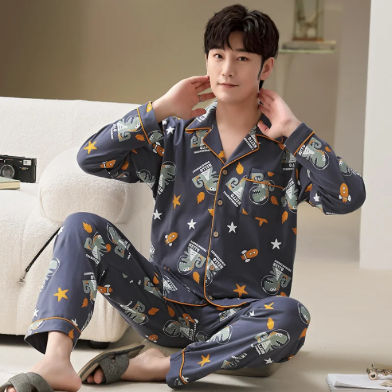 L-5XL Plus Size Faux Cotton Print Men\'s Pajamas Korean Ins Autumn Y2k Male Nightwear 2024 New Big Size Long Sleeve+pant Home Set