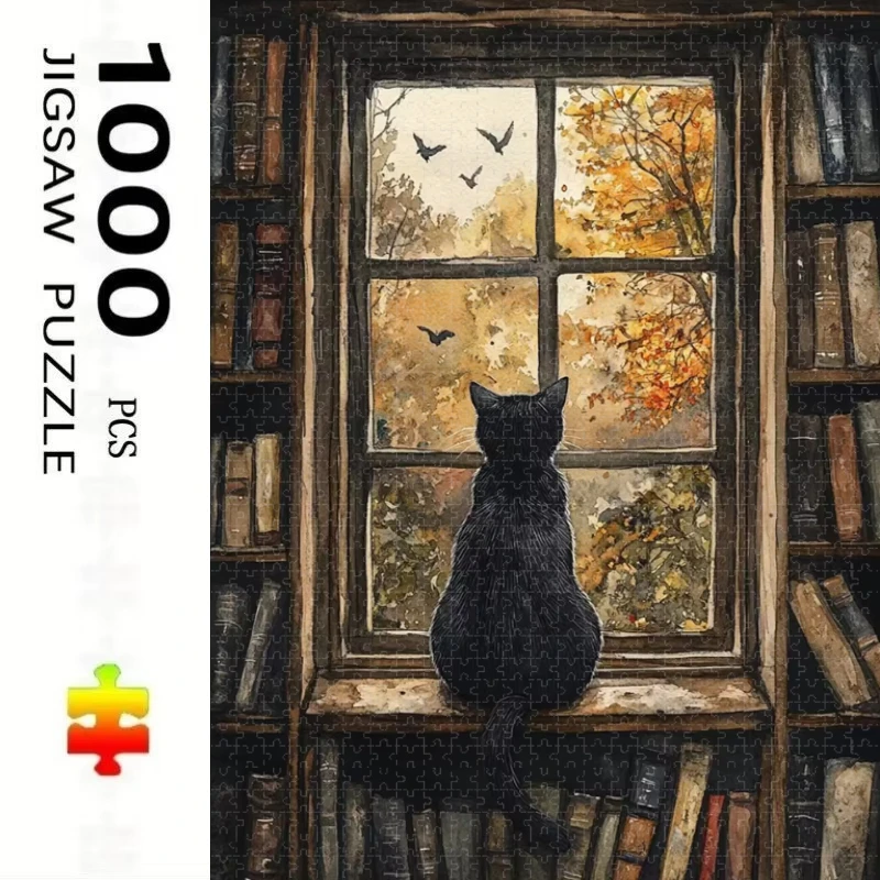 Large Size Jigsaw Puzzle 500/1000/1200/2000 Pcs Black Cat Window Autumn Jigsaw Puzzles for Adults Stress Relief Toys Unique Gift