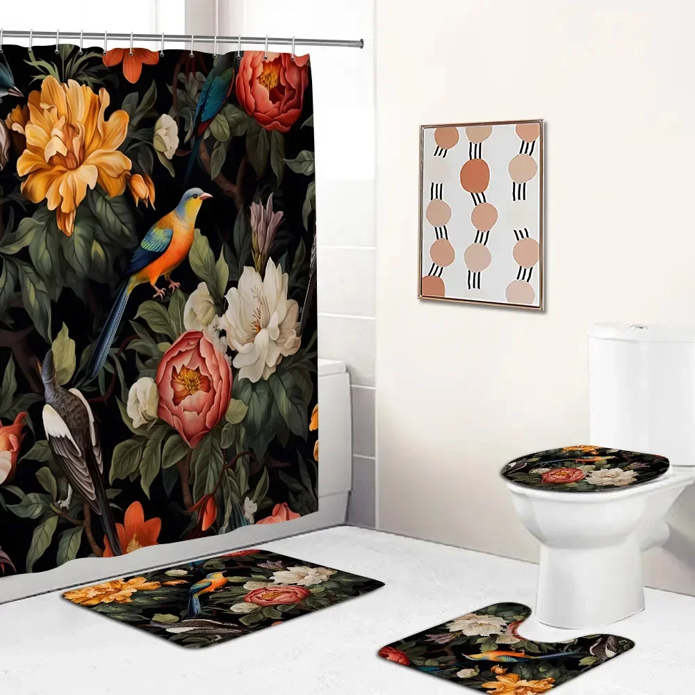 Bird Floral Shower Curtain Set Hummingbird Parrot Crow Blooming Blossom Wisteria Bathtub Curtain Home Carpet Toilet Lid Cover