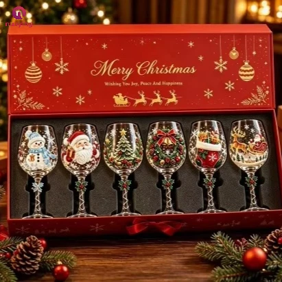 Calice di vetro artistico di lusso con decorazione a forma di fiocco di neve natalizio, bicchiere da vino per le feste invernali, elemento decorativo per la tavola natalizia, regalo per familiari e