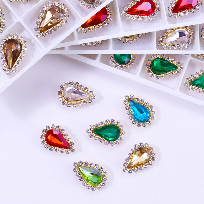 Colorful 13x18mm Teardrop Glass Sew On Rhinestones With Golden Bottom Flatback Crystals Stones For Clothing Accessories