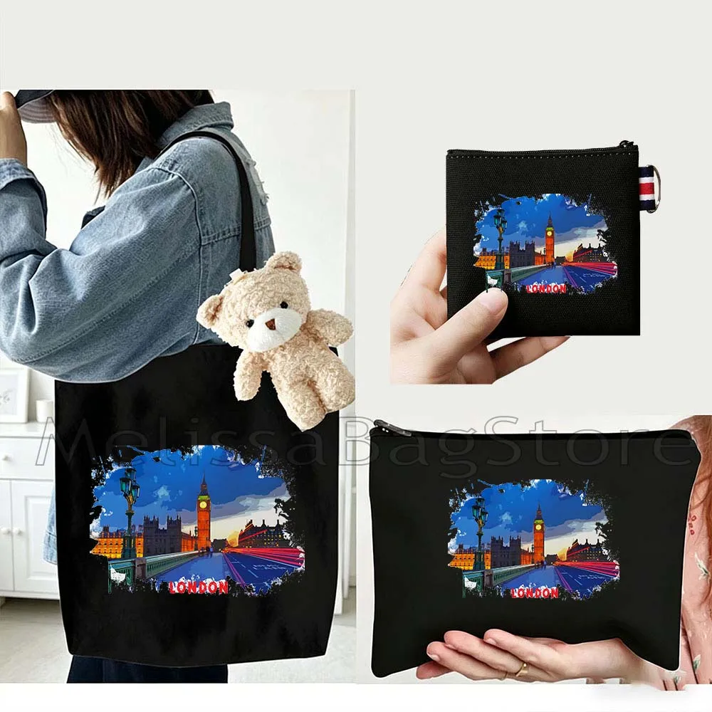 4PCS Gifts Set London City White Canvas Tote Bag Handbag with Doll Key Coin Purse Cosmetic Makeup Toilet Bag Case Pouch