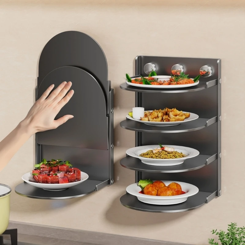 Folding Kitchen Storage Rack, 4 Shelf Carbon Steel Countertop Storage Shelf with Suction Cup Mount for Vertical Use 37JD