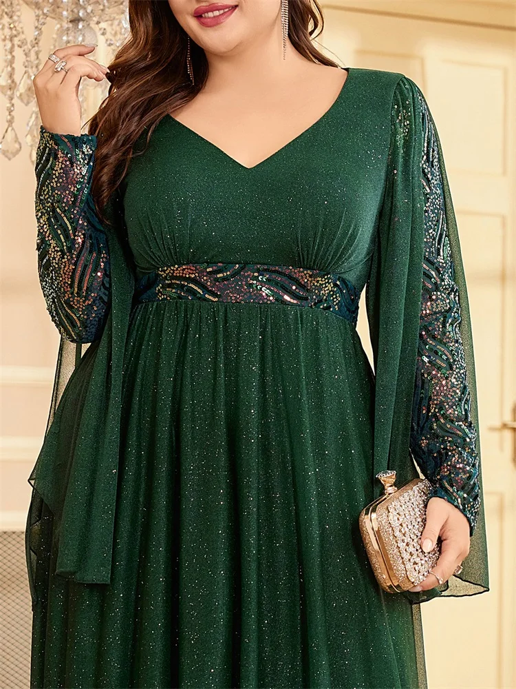 XUIBOL Plus Size Long Sleeve Sequin Green Evening Dress 2024 Floor Length Women Sparkle Bling Bling Family Party Cocktail Dress