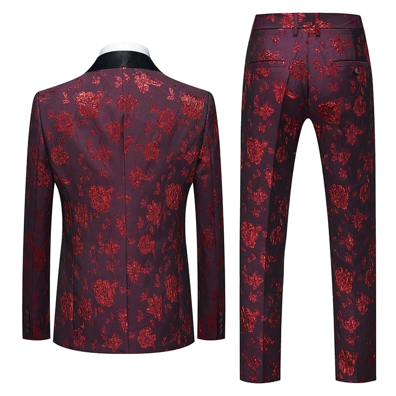 (Jacket+Vest+Pant) Men Business Casual Slim Fit Suits 3 Pieces Sets Fashion Flower Printed Tuxedo Wedding Formal Dress Blazers