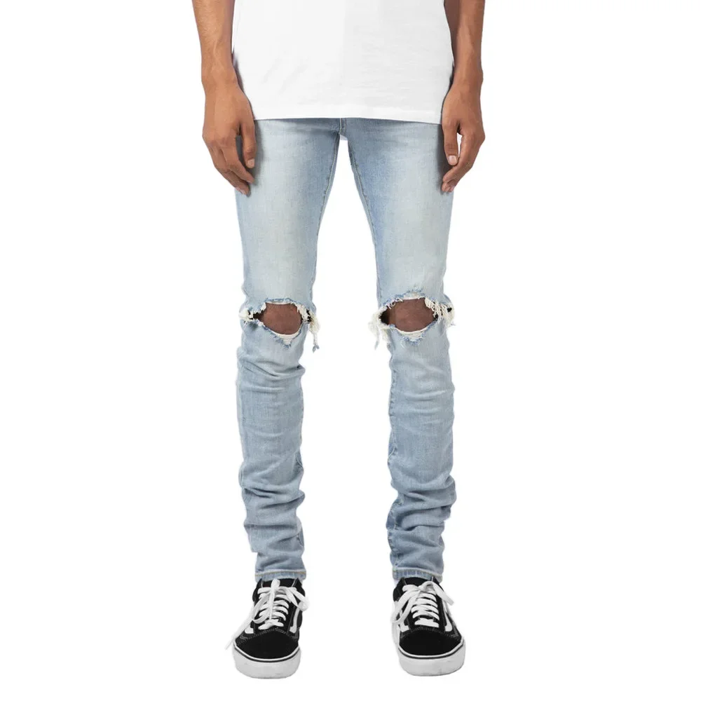 European and American Fashionable Men\'s Pure Color Jeans Personalized High Street Ripped Slim-fit and Stretch Ankle-length Jeans