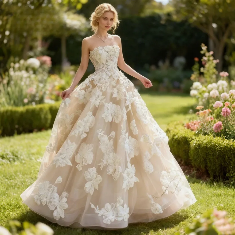 Champagne Wedding Dress Strapless 3D Flowers Appliques Tulle Ball Gown Princess Bridal Gown Sweetheart Neckline Vestido De Noiva