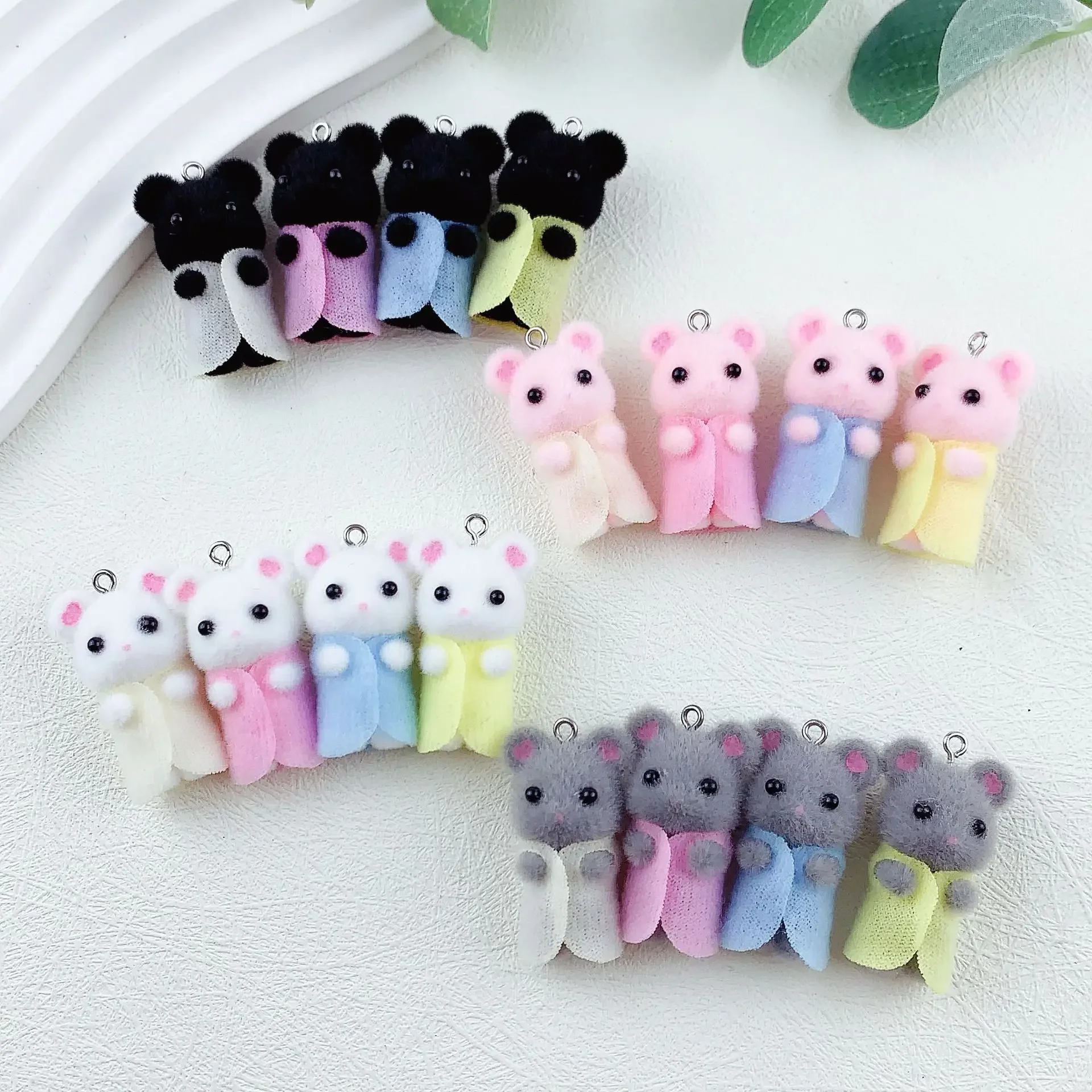 30Pcs Resin Cute Mouse Charms Cartoon Flocked Animal Pendant Earring Keychain Bag Accessories for DIY Crafts Jewelry Make