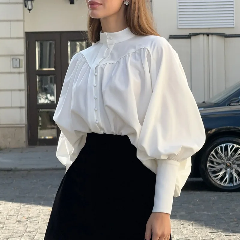 Camicette bianche da donna Camicia elegante manica lunga a sbuffo a lanterna Colletto alla coreana Chic Vintage Office Ladies Autunno High Street Button y2k