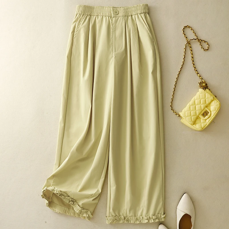 

Женские брюки-палаццо в художественном стиле с высокой талией из хлопково-льняной смеси, струящиеся, прямые, повседневные, желтые, в стиле Milkmaid Gown