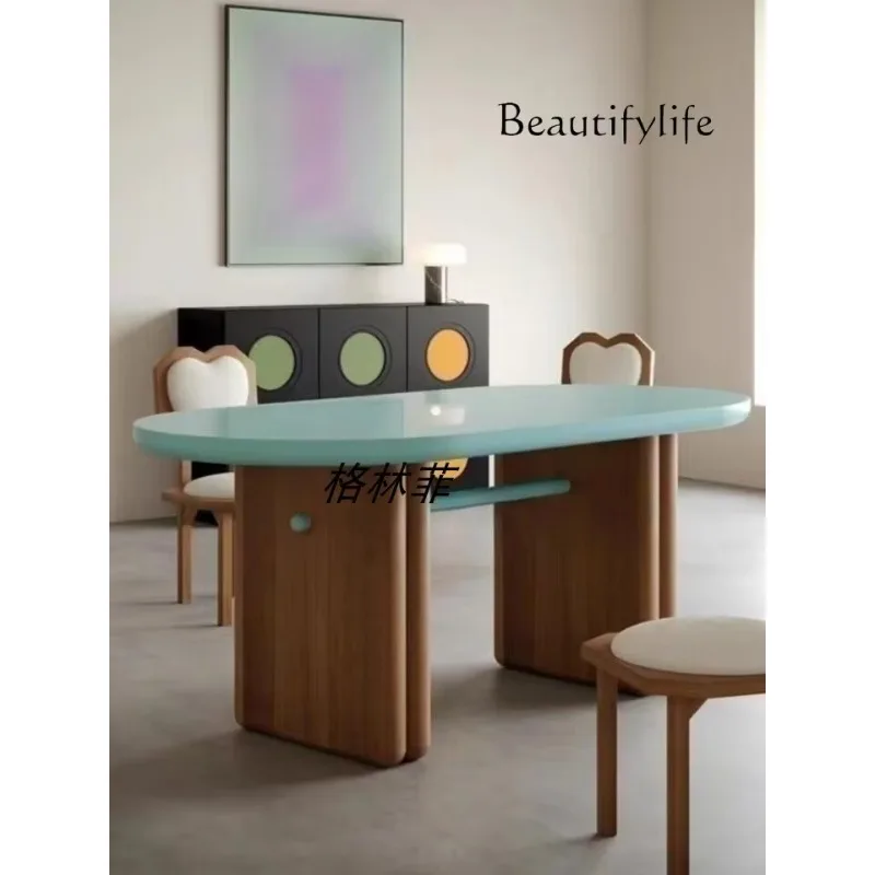 M French Medieval Style Solid Wood Dining Table And Chair Combination Nordic Simple Retro Dining Table Log Oval Table