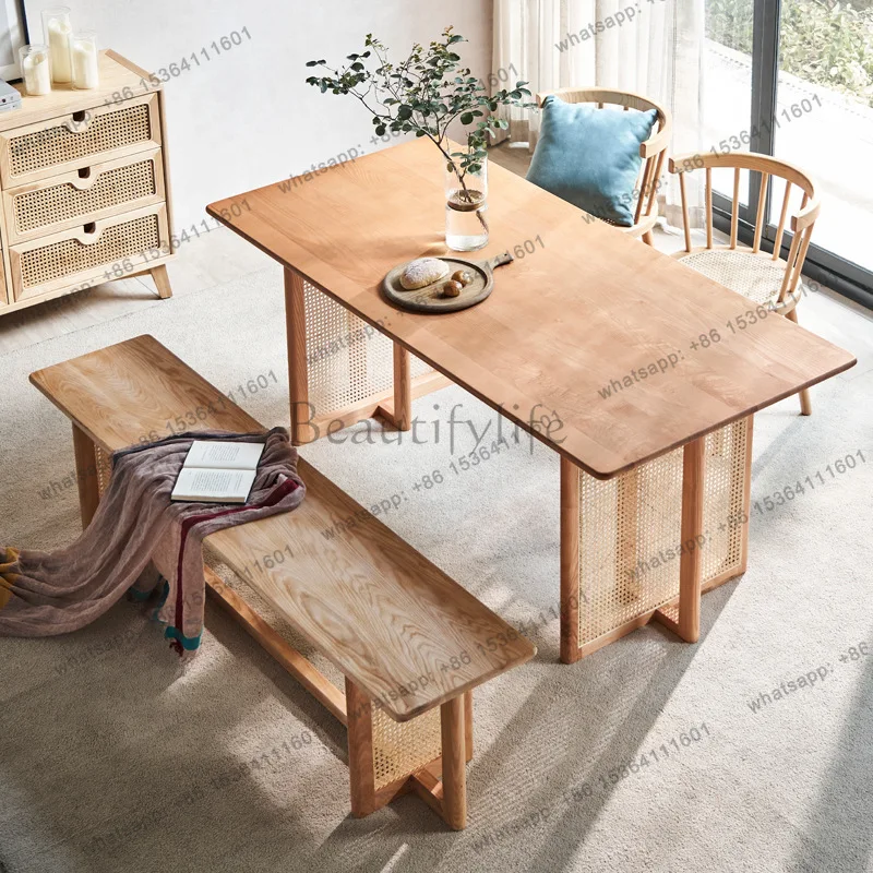 

Solid wood dining table Household ash wood Japanese modern simple rattan solid wood chair