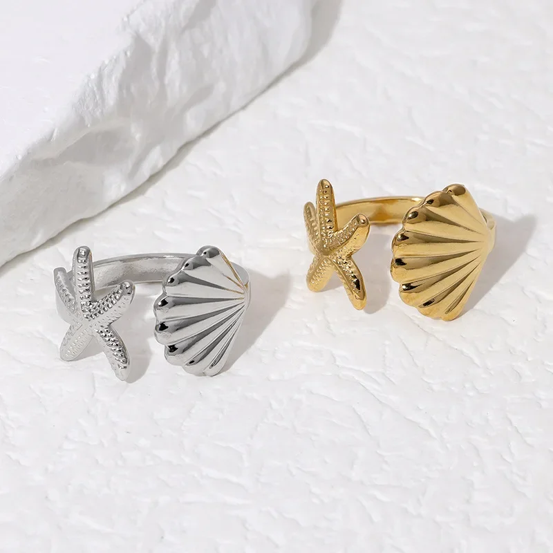 Holiday Accessory Gold Color Stainless Steel Starfish Shell Rings for Women Charm Trendy Summer Beach Finger Jewelry Colorfast