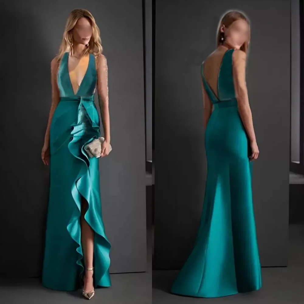 Personalizado charmeuse plissado plissado com decote em v trompete vestidos longos sob medida ocasião feminina noite de alta qualidade elegante