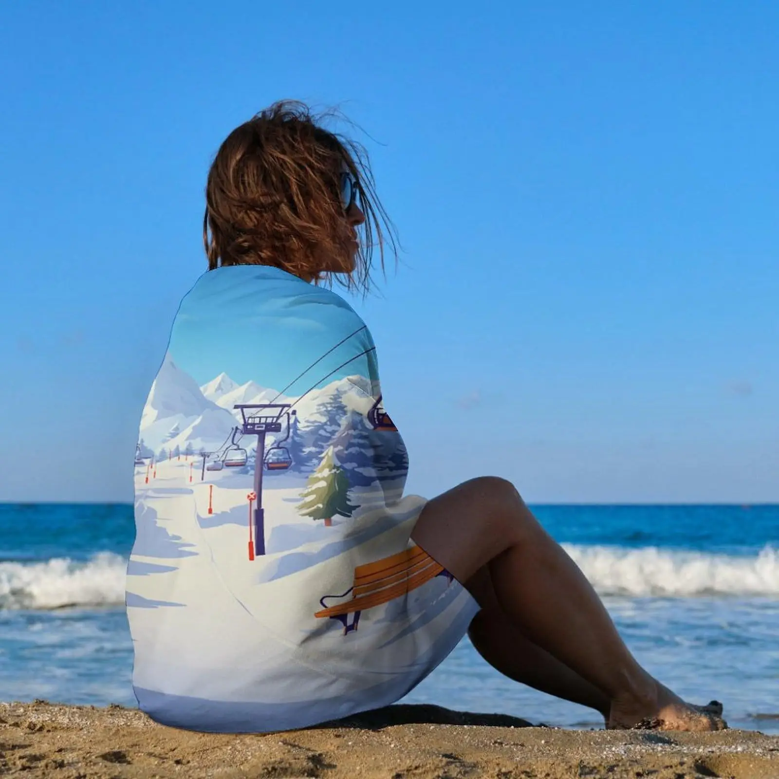 

Cartoon Snow Mountain Beach Towel Quick Drying Sand Proof Classic Winter Skiing Towel Sports Camping Holiday Travel Blanket