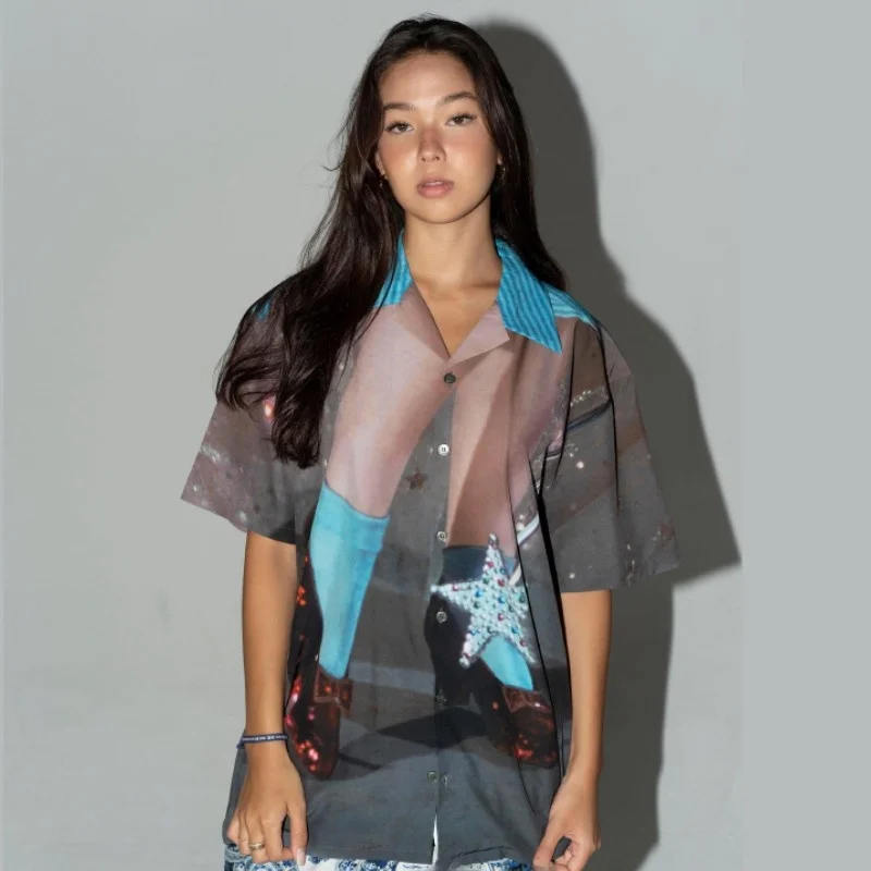 

OZ Shirt ADHD Green Wild Goose Chase Hawaii Short Sleeve Shirt Street Style round Neck Print Casual Women's Summer Top