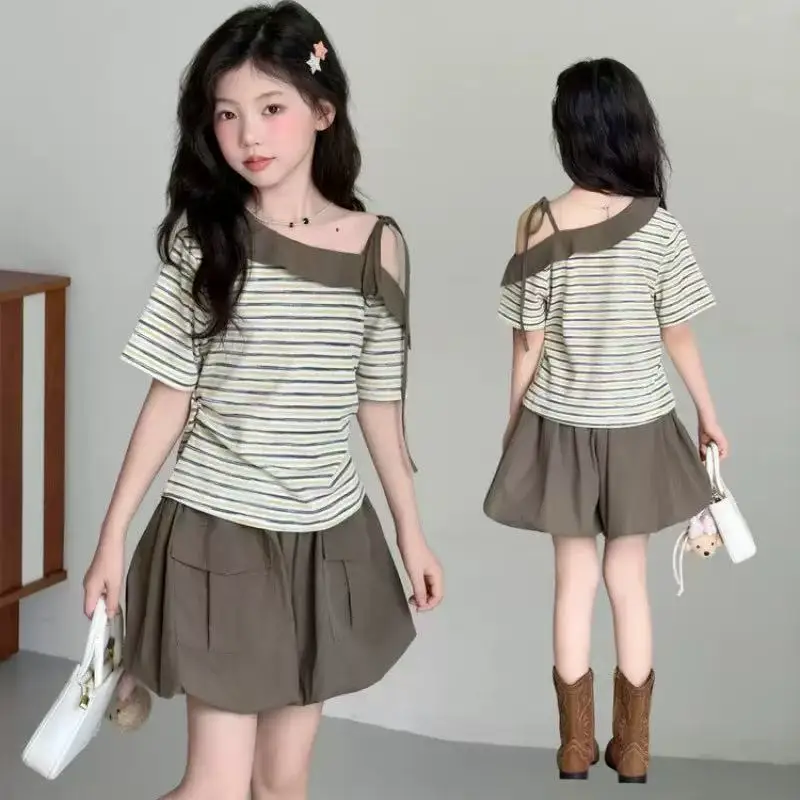 Summer Teenage Girls Suits Fashion New One-Off Shoulder Striped Top+Bloomer Shorts Children's Clothing Two-Pieces Sets