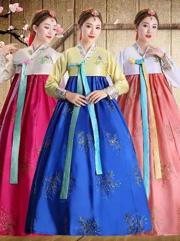 الملابس الكورية التقليدية فستان الزفاف فستان الهانبوك للنساء القصر القديم رداء الخامس الرقبة الأداء الوطني النمط الآسيوي واحد كوب
