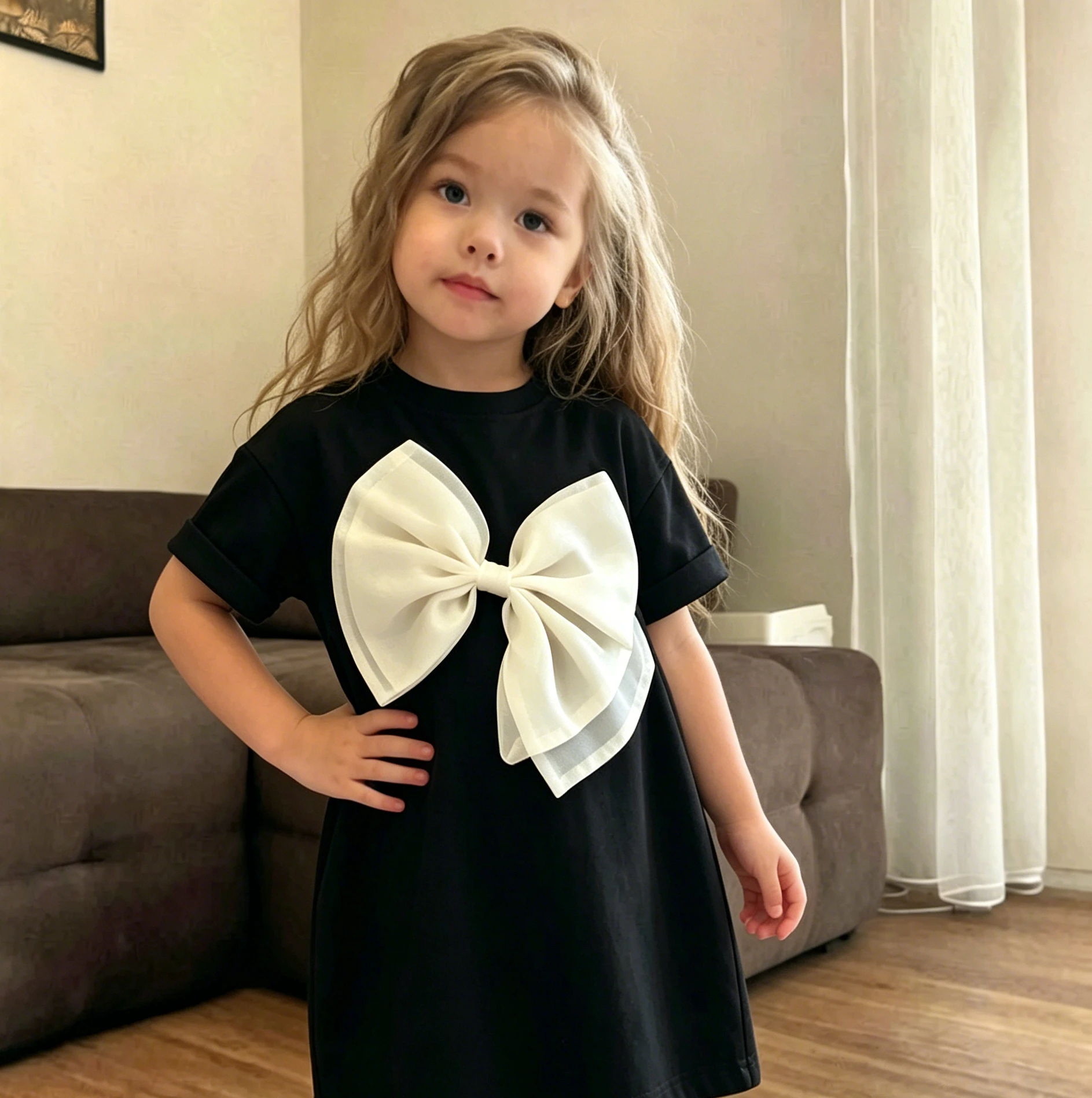 Girls Summer Dress 2026 Summer New Children Cotton Short Sleeved Girls Baby Temperament Bow T-shirt Dress