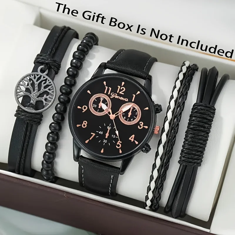 

5pcs Quartz Watches For Women Black Pu Leather Wrist Watch With Jewelry Set Great Gift For Her Mom Girlfriend