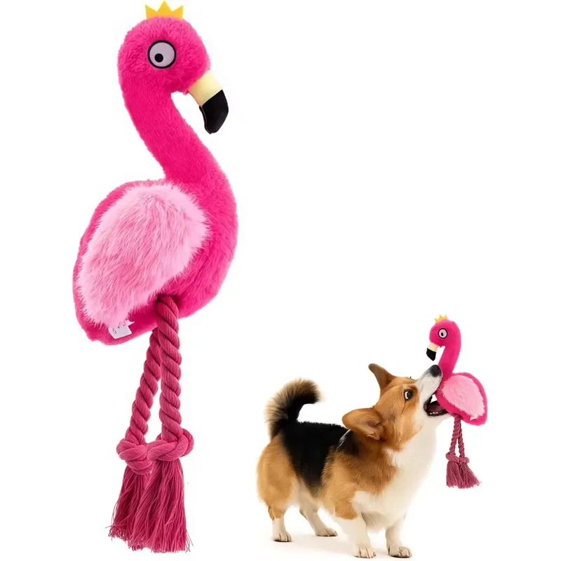 Plush Flamingo Dog Toy with Rope Legs Interactive Squeaky Chew Toy for Small Medium Dogs