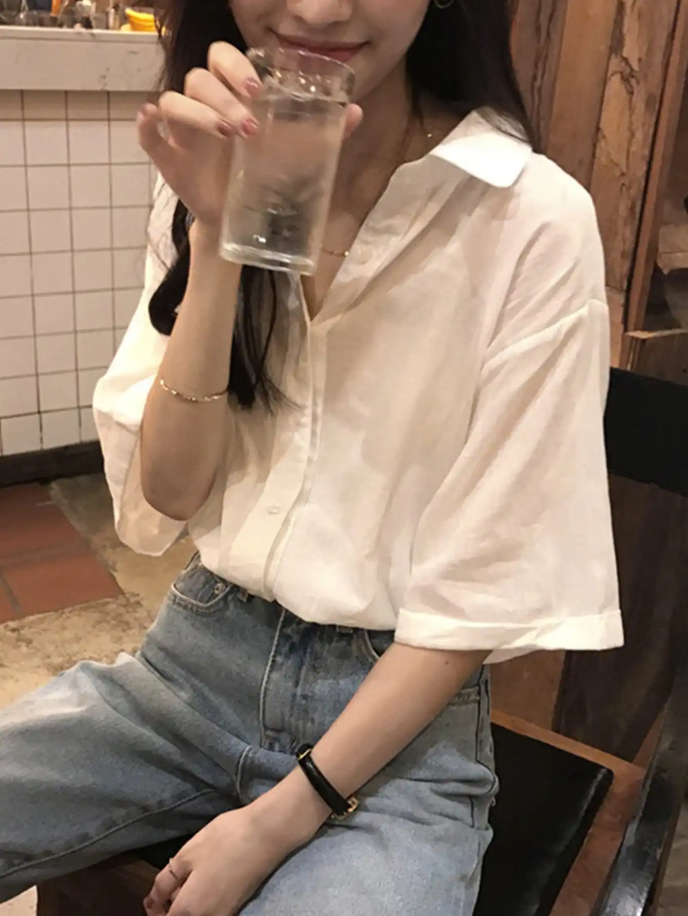 Korean Chic Summer Retro Hong Kong Style Three-Quarter Sleeve Shirt Women's High-End Loose Casual Elegant Shirt Top