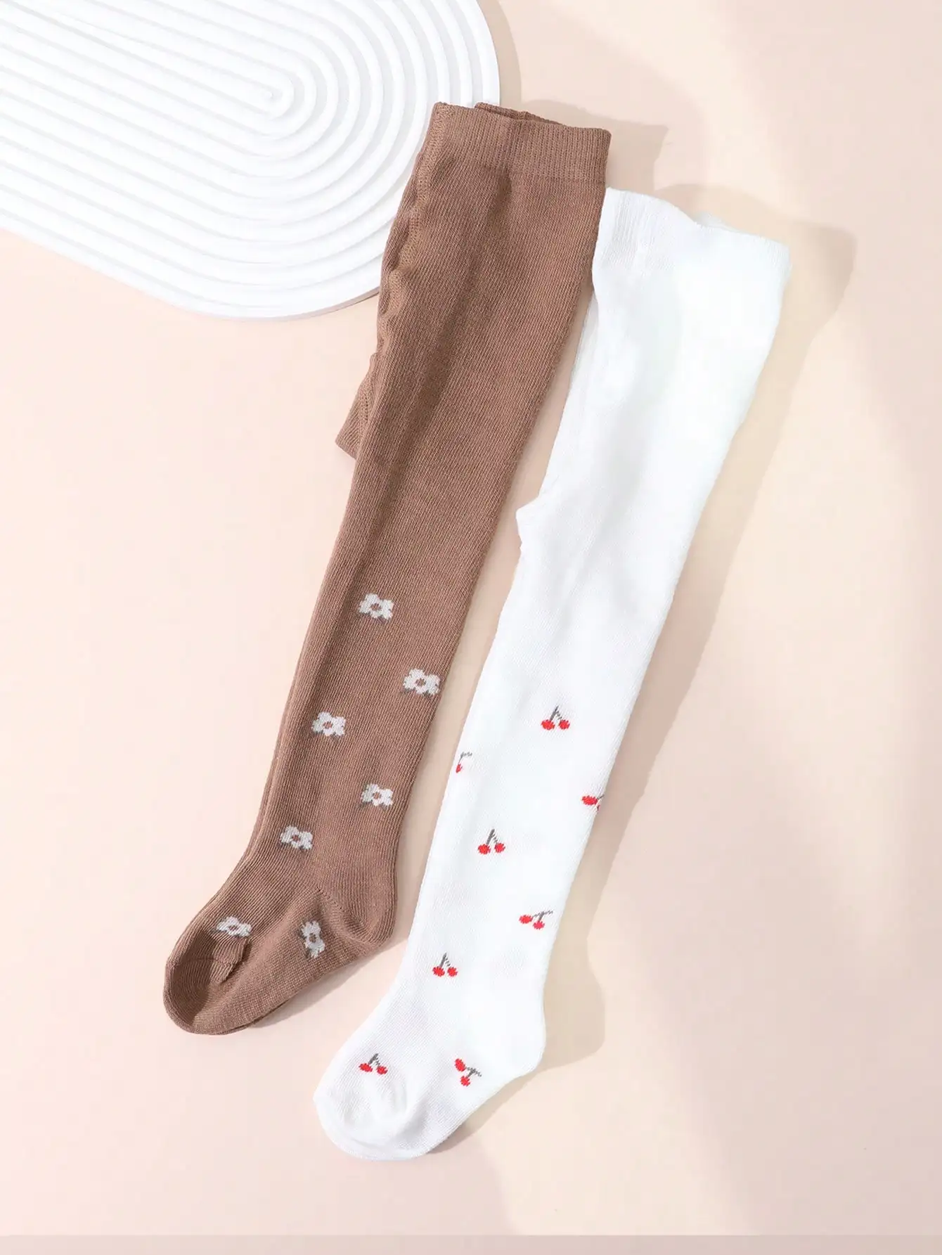 2 Pairs Baby Girls Knit Tights Cherry Floral Print Soft Elastic Cotton Pantyhose Toddler 0-2Y Spring Autumn Daily Casual Outfit view 5