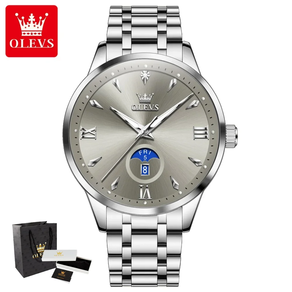OLEVS 3646 Men's Watches Silver Solid Steel Strap Week Calendar Display Minimalist Luxury Original Quartz Wrist Watches for Man