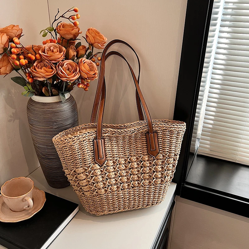 Sommer Stroh Taschen für Frauen Stroh Umhängetaschen Rattan gewebte Top Griff Tasche hohle Bast häkeln Strand tasche lässige Handtaschen – Detail 3