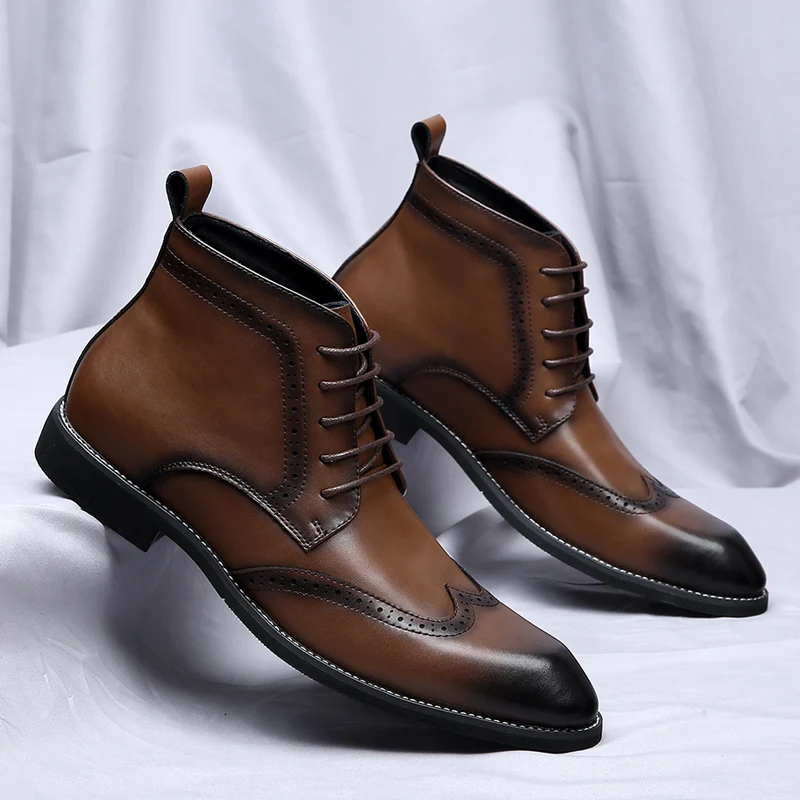 Ankle Boots Spring/Autumn Boots for Men Lace-up Brogue Shoes Brown Genuine Leather Casual Boots Work Office Wedding Formal Shoes