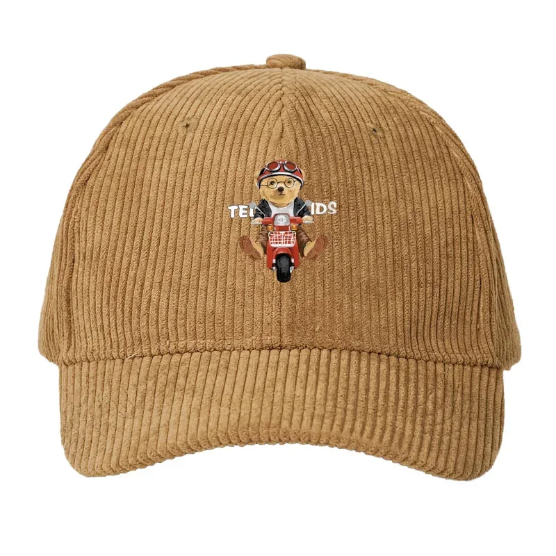 Corduroy Baseball Cap Men Teddy Bear Motorcycle Fashion Streetwear Adjustable Dad Cap Cute Novelty Hat for Adventure Lovers