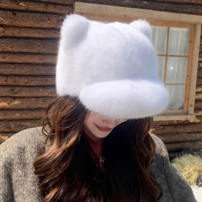Natural Real Rabbit Fur Hat For Women Cat Ear Baseball Cap Thickened Warm Winter Brimmed Hat Fashion  Adjustable Casual Cap