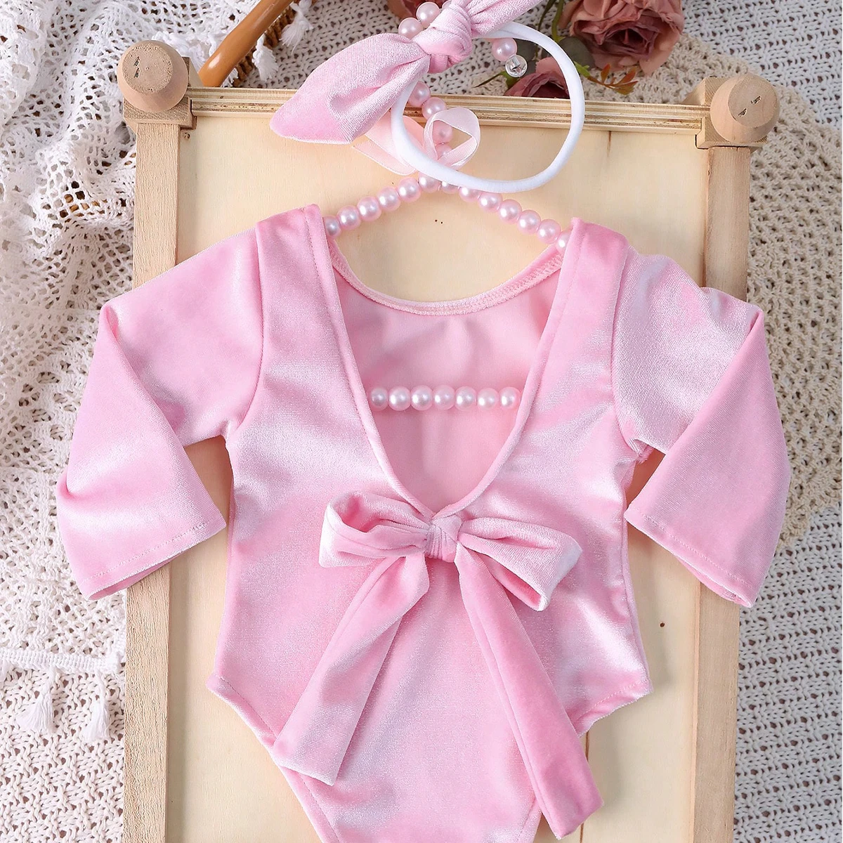 Ylsteed Newborn Christmas Photography Clothes Baby Girl Back Bow Red Romper with Rabbit Headband