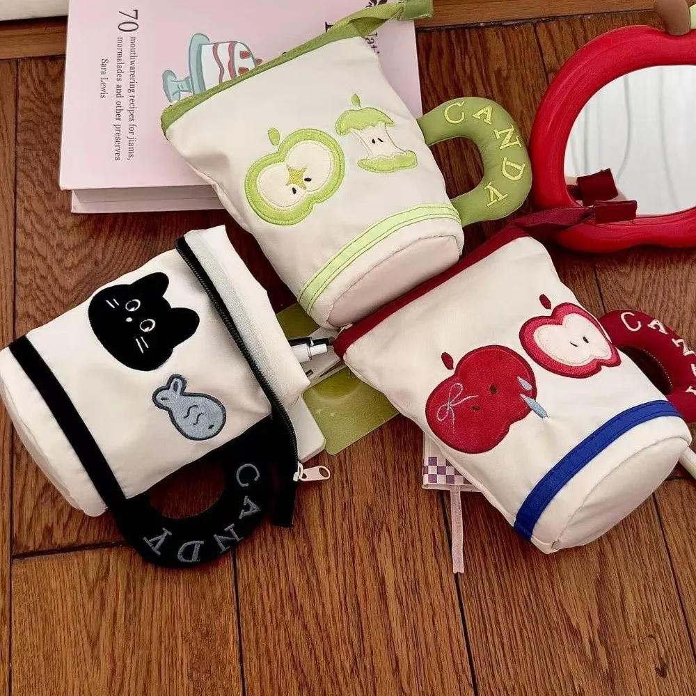 Desktop Storage Cartoon Cat Stationery Bag Korean Style Large Capacity Handheld Pen Container Aesthetic Water Cup Shape