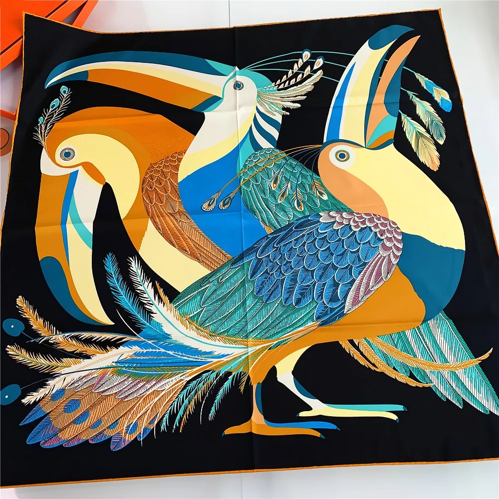 90CM Toucan Birds Brand Hijabs Scarf Women Bandana Handmade Curled Twill Silk Square Scarf Luxury Foulard Head Scarves Shawls