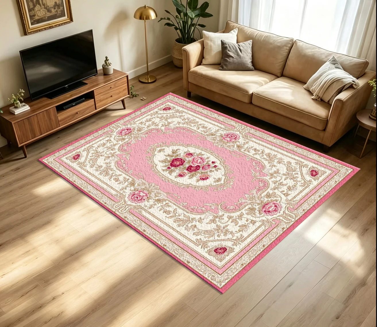 Pink Cream European Baroque Rose Carpet Flooring Luxurious Vintage Floral Border Printed Floor Rug for Household Indoor Decoration