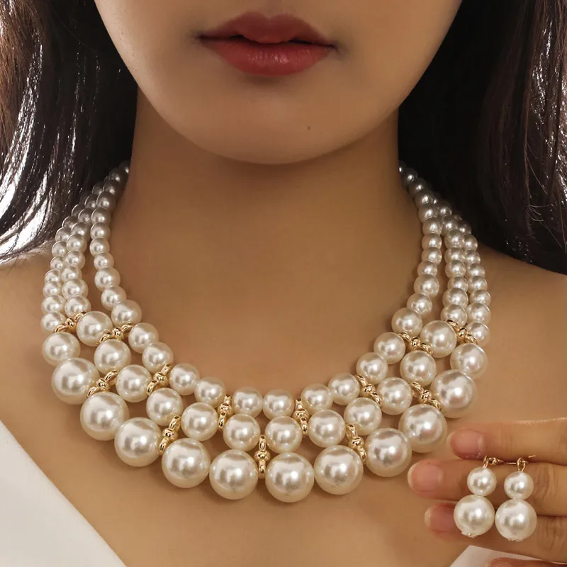 Fashion Ethnic Style Jewelry sets Simulated Pearl Multilayer Necklace Earrings Set For Women Bijoux Vintage Women Accessoires