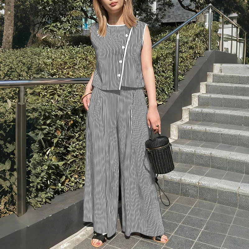 Modische Sommer-Hosensets 2026 ZANZEA Damen 2-teilige Sets Gestreifter Trainingsanzug Ärmellose Tanktops Weite Hosen Anzug OL Outfits